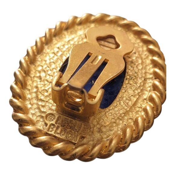 Vintage Leslie Block‎ Statement Earrings Blue Speckle Cabochon Gold Tone Clip On - Picture 3 of 3